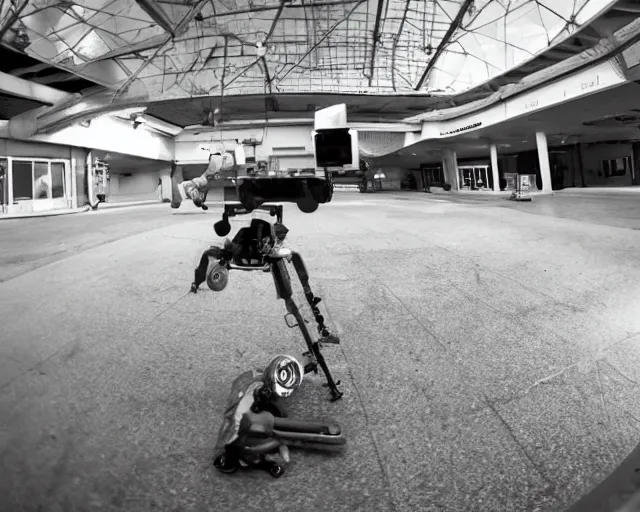 Image similar to camera footage of a Darpa Robot hunting skateboarders in an abandoned shopping mall, high exposure, dark, monochrome, camera, grainy, CCTV, security camera footage, timestamp, zoomed in, fish-eye lense, Robot, Skateboarding, Drone, Intense, Darpa,