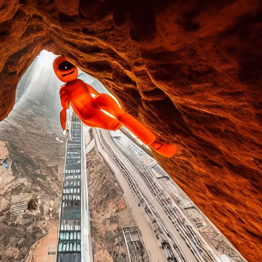 Prompt: photo of a giant orange colored glowing transparent humanoid of one thousand feet of height standing next to a skyscraper inside a cave