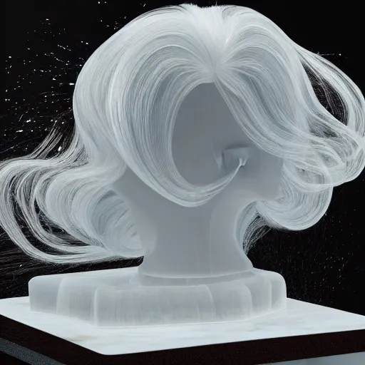 Prompt: refracting translucent ice sculpture of hair! resting on a beautiful marble wig stand, cinema 4 d sharp focus