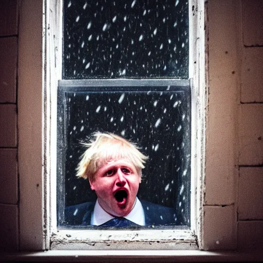 Prompt: photo of the inside of a dark old rainy bedroom window at night, dimly lit creepy | screaming face of boris johnson staring in through the window, bloody hands, horror, scary face, demonic face,