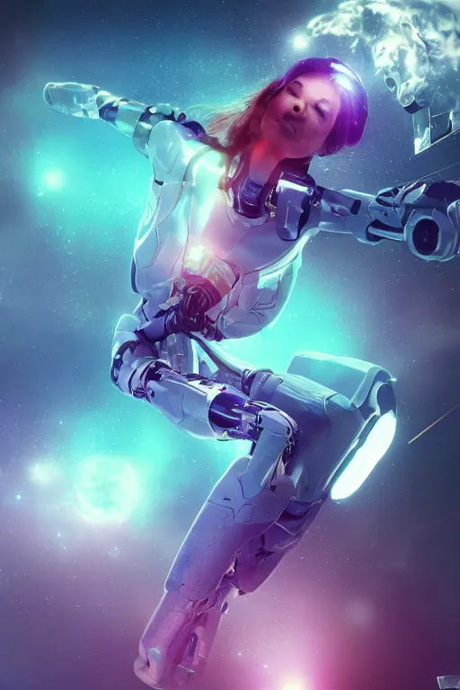 Image similar to woman cyborg floating in space letting go of reality and experiencing the quantum feild, matte painting comic book art, cinematic, highly detailed, realistic, beautiful cosmic neural network, octane render, unreal engine, depth of field, trending on artstation, sharp focus, philosophical splashes of colors