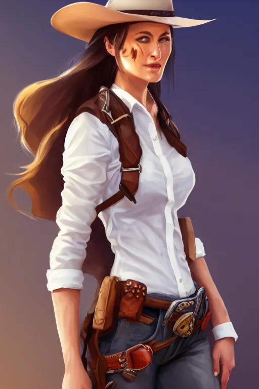 Image similar to full body, female cowgirl, perfect face, white blouse, holster, 8 k, magic the gathering, desert, d & d, artstation, high detail, smooth, sweaty character concepts by senior concept artist