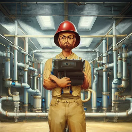 Image similar to beautiful plumber posing in factory, portrait, perfect symmetrical eyes, cinematic by peter mohrbacher, detailed, hyperrealism