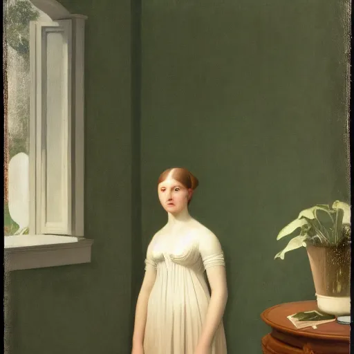 Image similar to a beautiful young girl in front a intricate wallpaper, daguerreotype by edward hopper, by henri rousseau, by Bosch, art noveau, highly detailed, strong lights, liminal, eerie, Bright pastel colors, octane render, 8k,