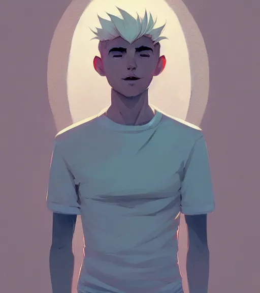 Image similar to portrait of a young man, raised on the island, white hair, face tatooes by atey ghailan, by greg rutkowski, by greg tocchini, by james gilleard, by joe fenton, by kaethe butcher, dynamic lighting, gradient light blue, brown, blonde cream and white color scheme, grunge aesthetic