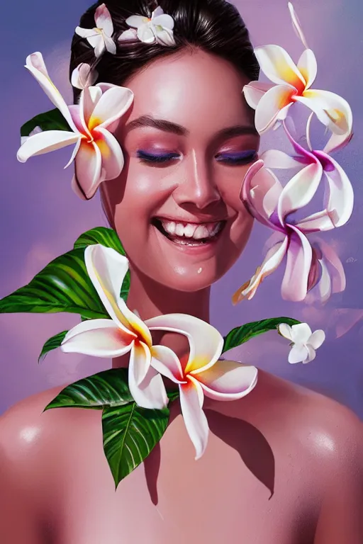 Prompt: ultra realistic illustration, portrait of smiling woman covered in white yogurt, plumeria tropical bouquet background, close up shot, fantasy, intricate, elegant, highly detailed, digital painting, artstation, concept art, smooth, sharp focus, illustration, surrealism