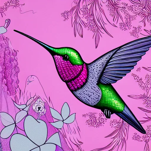 Prompt: hummingbird by miyazaki, violet and pink and white palette, illustration, kenneth blom, mental alchemy, james jean, pablo amaringo, naudline pierre, contemporary art, hyper detailed
