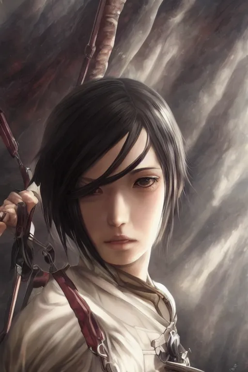 Prompt: highly detailed portrait of mikasa ackerman from attack on titan, fantasy art by artgerm, tom bagshaw, charlie bowater, detailed and intricate environment, trending on artstation