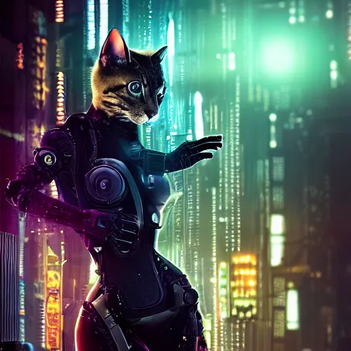 Image similar to professional photo of cyborg cat, cyberpunk background, blade runner, hyperrealistic masterpiece, trending on artstation, cgsociety, kodakchrome, golden ratio, cinematic, composition, beautiful lighting, hyper detailed, sharp focus, octane render, 4 k, unreal engine