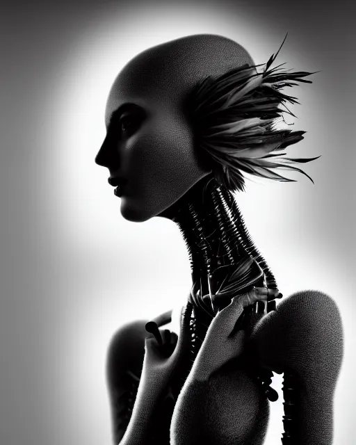 Image similar to surreal mythical dreamy dark artistic black and white fine art 3 / 4 portrait photo of a young delicate female robot - vegetal - human with long pale feathers, rim light, cinematic, studio dramatic light, poetic, octane render, 8 k, photo - realistic