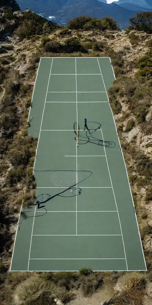 Image similar to Tennis court between mountains and sea. the style of National Geographic magazine