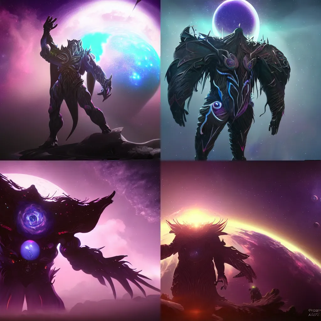 Prompt: a celestial giant in space, character design, concept art, deep colours, black and purple trending on art station, unreal engine 5
