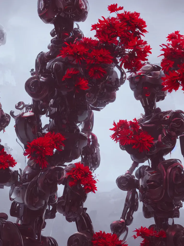 Prompt: a concept art of red flower, robots, people, movie keyframe, cinematic lighting, highly detailed, realistic details, rendered in octane, 4 k post - processing highly