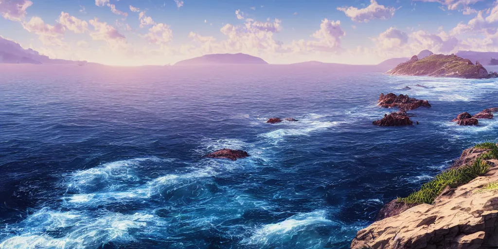 Prompt: a coastal landscape under a sunny blue sky with ocean in the foreground, hyper detailed, digital art, trending in artstation, cinematic lighting, studio quality, smooth render, unreal engine