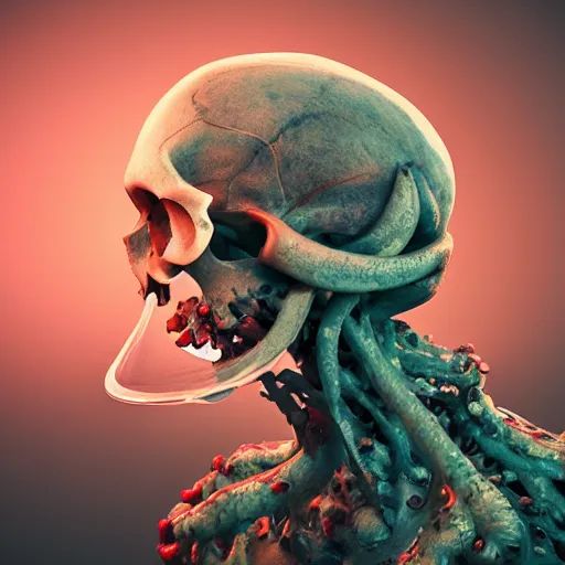 Prompt: a human Skull mutating into flowers, tentacles, unnatural shapes, jellyfish, insect, octane render, 3d digital art by beeple, unreal engine 5, award winning,