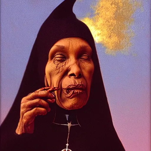 Image similar to a black nun wearing shiny jewelry, she's smoking a cigar and puffing smoke, by Beksinski