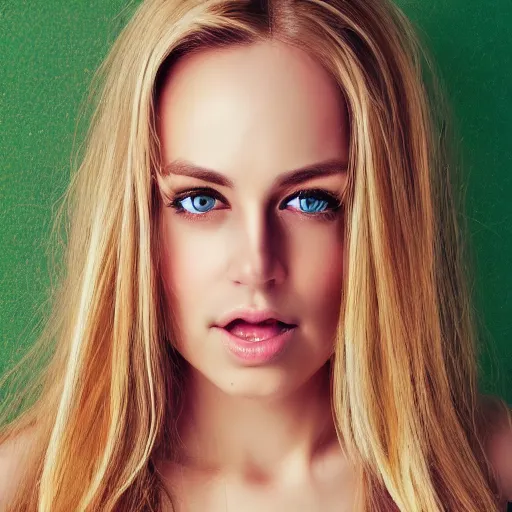 Image similar to An average woman with long blonde hair and light green eyes and big forehead no makeup, full body portrait posing, highly detailed, excellent composition, dramatic lighting, realistic 4k