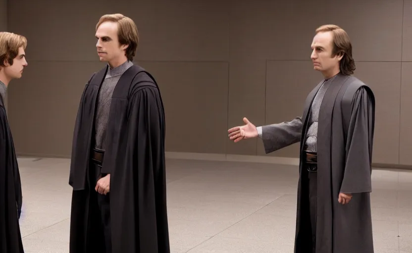 Image similar to anakin skywalker played by hayden christensen wearing jedi robes is talking to a lawyer saul goodman played by bob odenkirk wearing a suit in court, better call saul court scene 1 0 8 0 p, jimmy mcgill in court, court session images, realistic faces