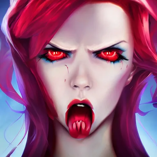 Image similar to miss fortune league of legends, horrifying, angry, evil, realistic, full face portrait