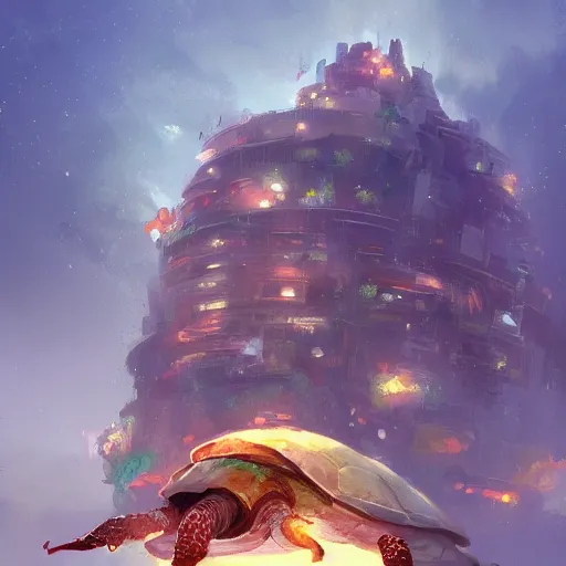 Prompt: a city sitting on the back of a turtle. By Jordan Grimmer by Alayna Danner