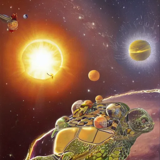 Prompt: a solar system orbiting around a turtles head, artwork by Michael Böhme