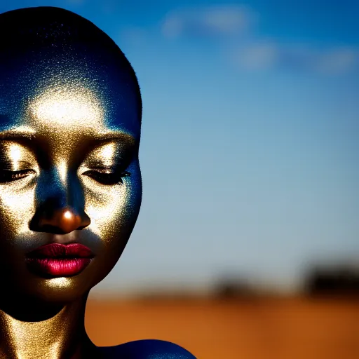 Image similar to portrait of metallic face, african woman, mercury, mirror reflections, smooth, liquid metal, proud, looking away, outdoor, blue sky, 8 k, realistic, depth of field, award winning photography