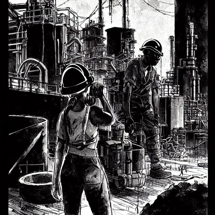 Prompt: elisabeth biyundar as a miner waits in a queue. outside a coal mine. storyboard, scifi cyberpunk. by gabriel hardman, joe alves, chris bonura. cinematic atmosphere, detailed and intricate, perfect anatomy