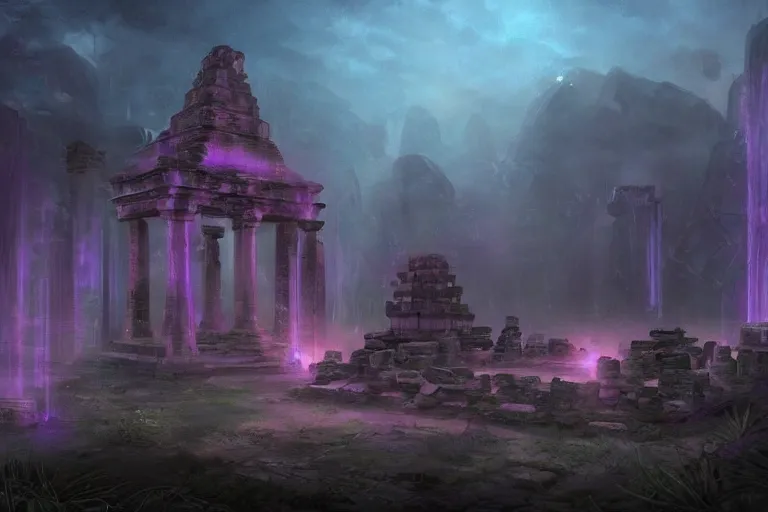 Image similar to mysterious ancient temple ruins at dusk with some lightparticles in the air, digitalart, Jonas De Ro style, purple dark colors, artstation