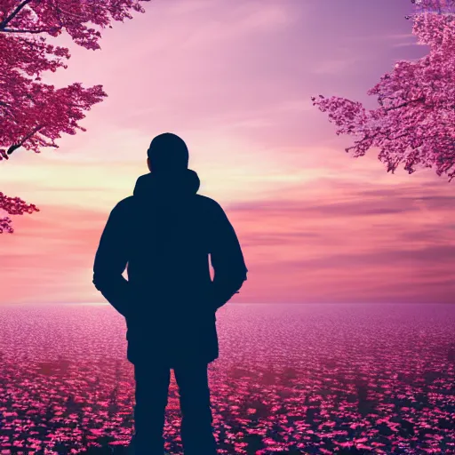 Image similar to man facing the sunset in a beautiful cherry tree forest