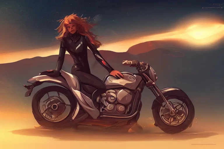 Image similar to a girl is riding a motorbike, digital painting, artstation, the space background,concept art, illustration,