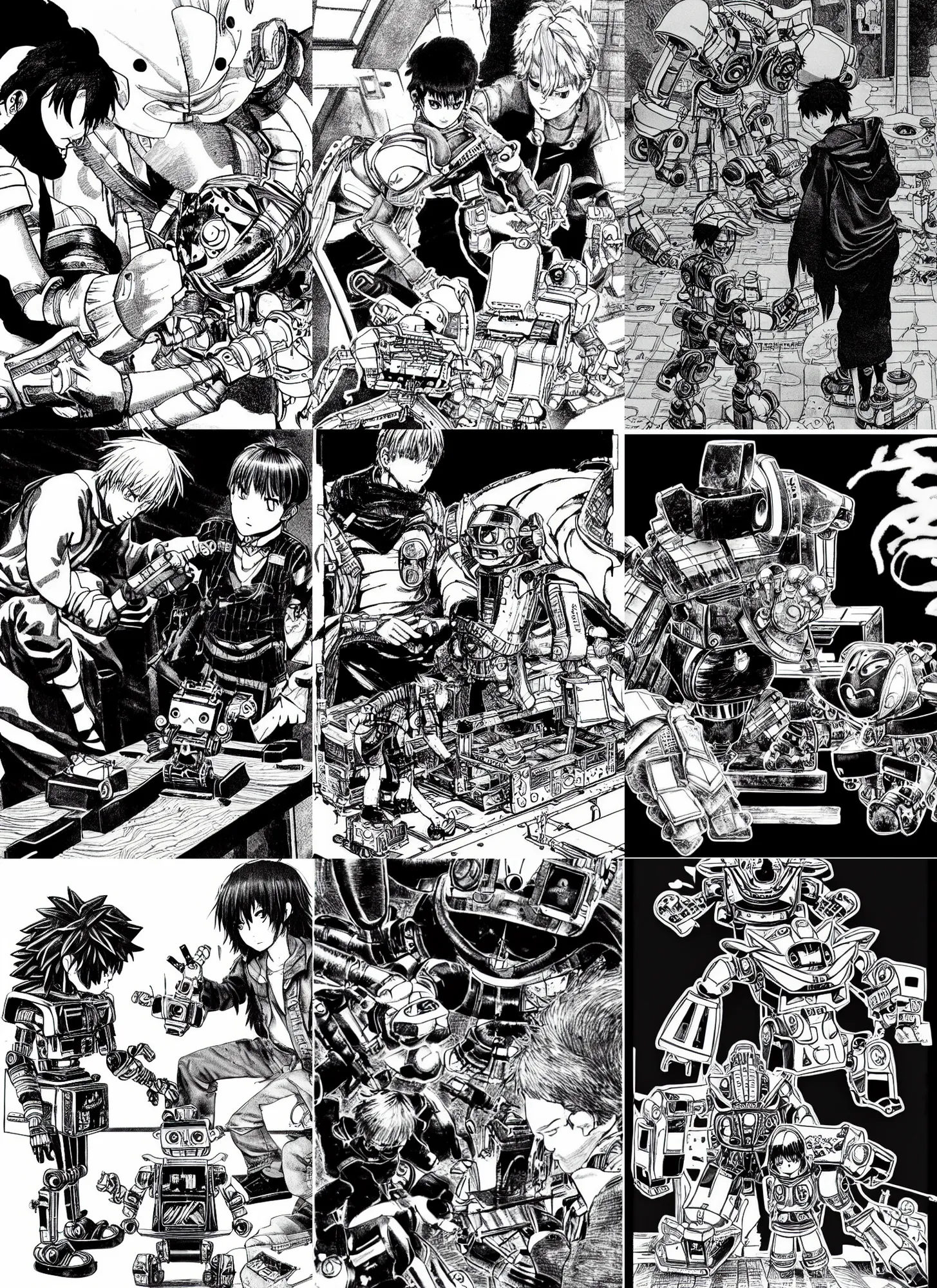 Prompt: a father helping his son build a small robot, highly detailed, black and white, anime key still, inked, art by Kentaro Miura and Masamune Shirow