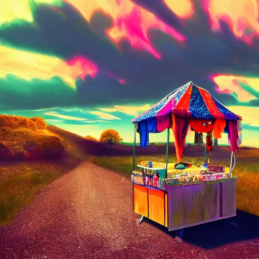 Prompt: super colorful pop rock candy, fruit stand on the side of a country dirt road, dramatic lighting, cinematic lighting, partly cloudy, 8 k, 4 k, trending on artstation cgsociety, octane ue 5