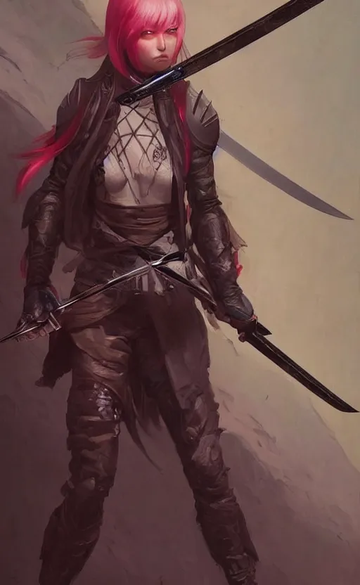 Prompt: Assassin school girl holding katana, fantasy and concept art, artstation trending, by Wayne Barlowe and Peter Mohrbacher, highly detailded