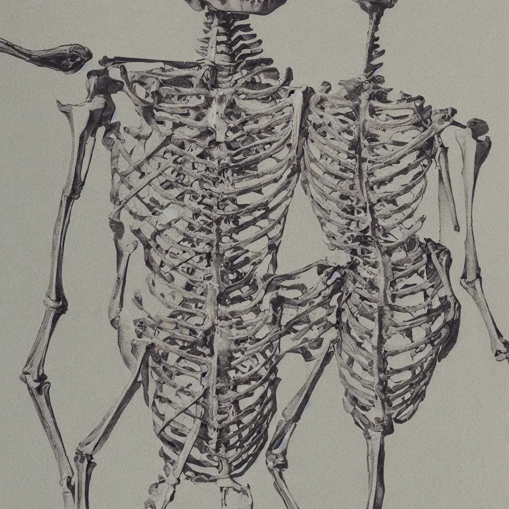 Prompt: vintage risograph of realistic skeleton