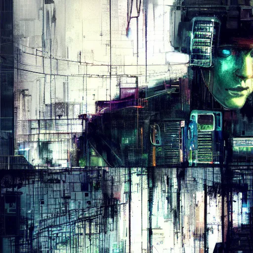 Image similar to portrait of a cyberpunk, wires, machines, in a dark future city by jeremy mann, francis bacon and agnes cecile, ink drips, paint smears, digital glitches glitchart