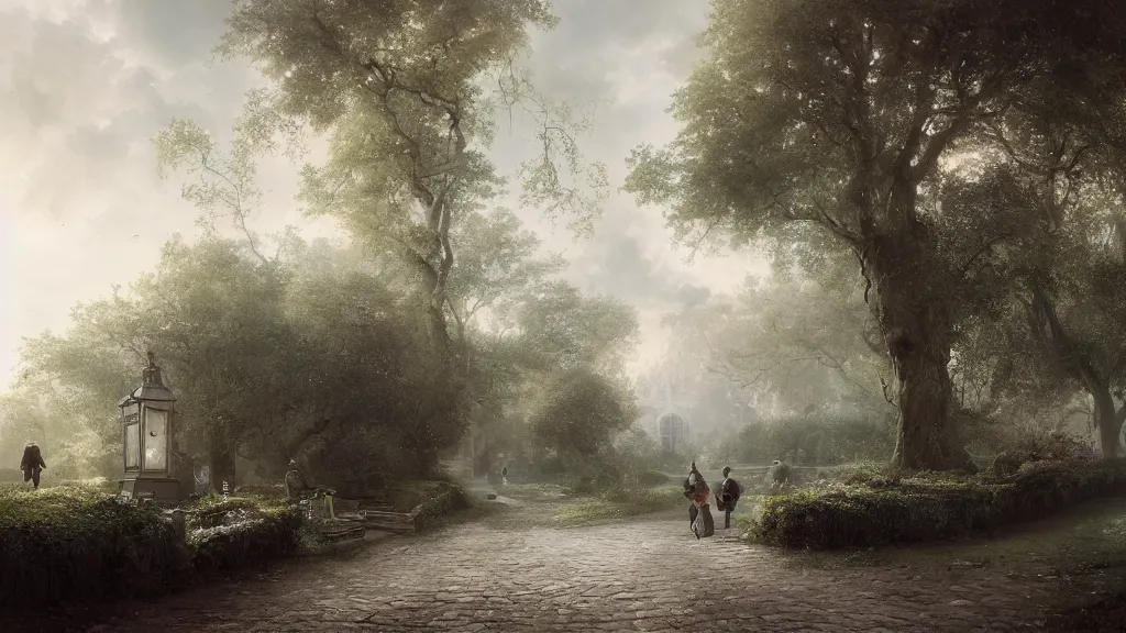Image similar to this was the start of the journey, leaving the trimmed gardens and clipped hedges of home. andreas achenbach, artgerm, mikko lagerstedt, zack snyder, tokujin yoshioka
