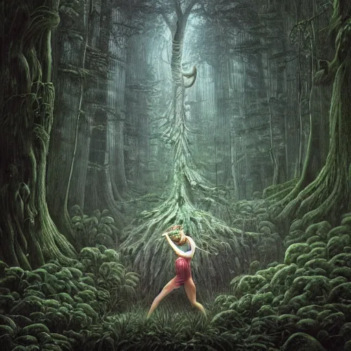 Image similar to having a good time, dancing in the forest, giant trees, flowers, neon, by Ross Tran, Basil Gogos, Laurie Lipton, Zdzisław Beksiński, Junji Ito, Laurie Lipton, and Michael Whelan, distant, gustav dore, H.R. Giger, 8k, hd, 4k, hyper, realistic, octane render