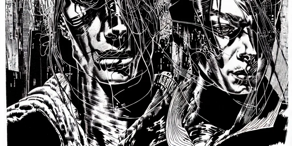 Image similar to cyberpunk portrait, bold line art, by bernie wrightson, etching, screen print, sharp, hyper - detailed