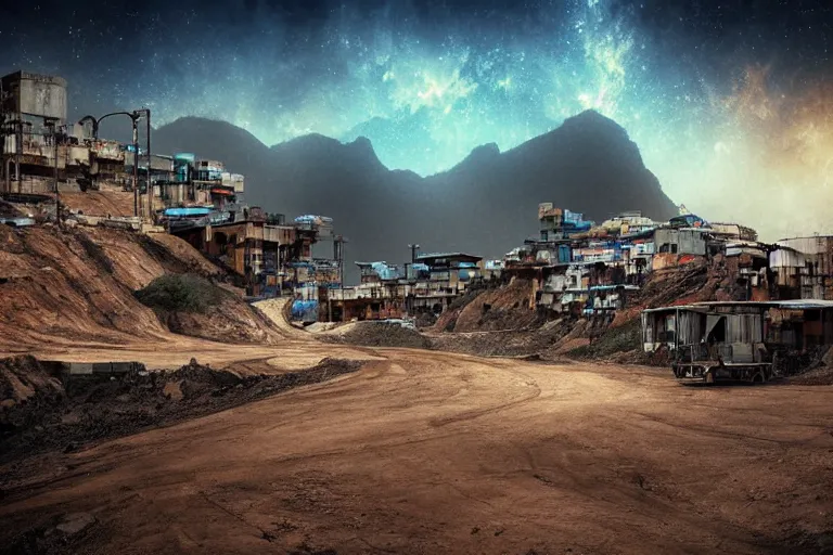 Image similar to favela construction hangar, art nouveau desert environment, industrial factory, cliffs, gloomy, milky way, award winning art, epic dreamlike fantasy landscape, ultra realistic,