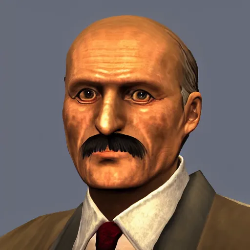 Image similar to Alexander Lukashenko wearing a suit and tie in Balmora in Elder Scrolls III: Morrowind, outdated 2002 Morrowind graphics, low definition, lowpoly