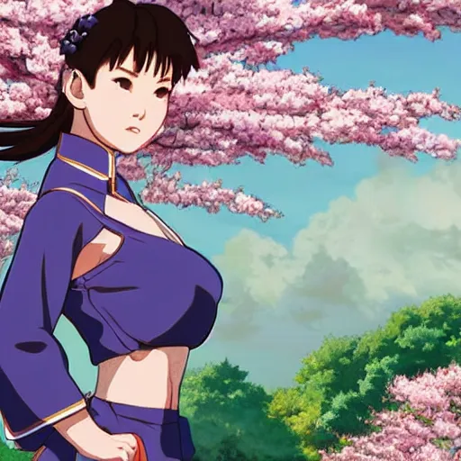 Image similar to an ultrawide photo of chun li standing in front of sakura trees, studio ghibli concept art, detailed, beautiful face, beautiful eyes, beautiful lighting, hdr, 4 k