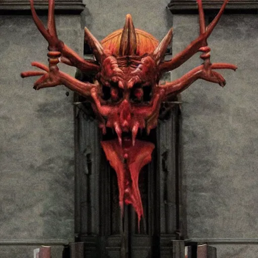 Image similar to satanic demonic creature on a church altar, realistic, horror, evil