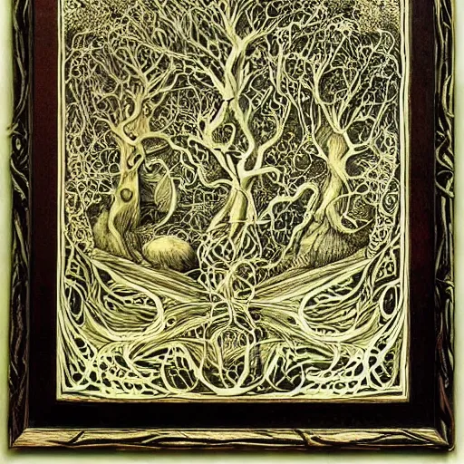 Prompt: mystic forest by ernst haeckel, very beautiful! pyrography