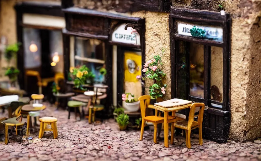 Prompt: miniature cafe diorama macro photography, cafe with felted bunnies, alleyway, ambient, atmospheric, british, cozy, bokeh, romantic