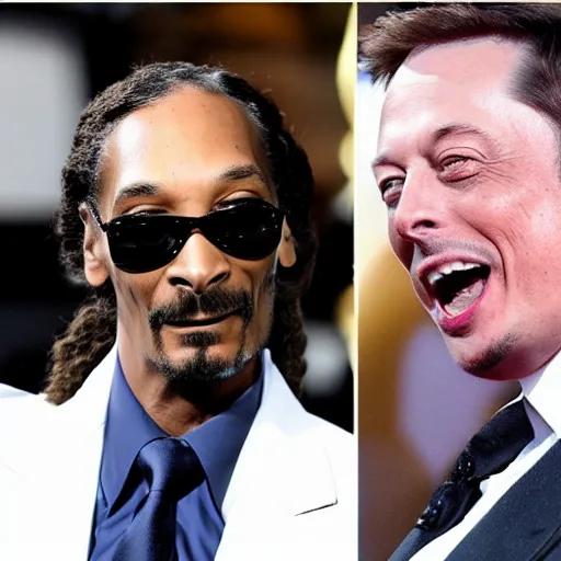 Image similar to snoop dogg french kissing elon musk with long tongue, in front of paparazzi, 8 k, photo,