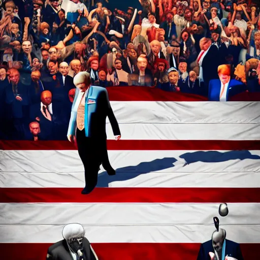 Image similar to A detailed picture of Bernie Sander's standing over Donald Trump triumphant with bloody fists, boxing ring, spotlight, viewed from above, 4k, artstation