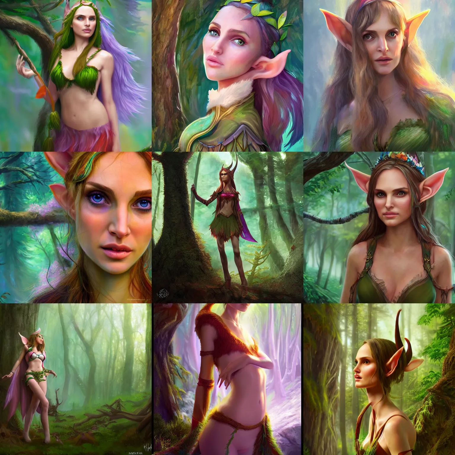 Prompt: forest elf girl (played by Natalie Portman), ethereal, colorful, wide-angle, fantasy, artstation, 4k, highly detailed, photorealism