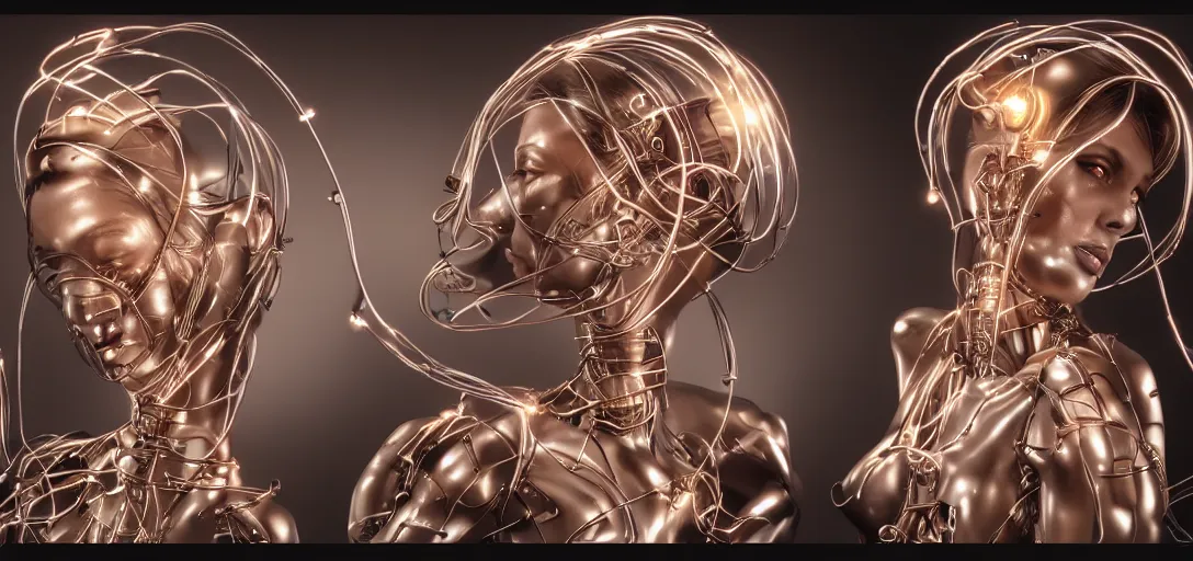 Prompt: beauty woman made of wires and tubes, very detailed, dramatic lighting, mechanical details, back facing, electrical details, high details, 4k, 8k, trending on artstation, by Hajime Sorayama and Boris Vallejo