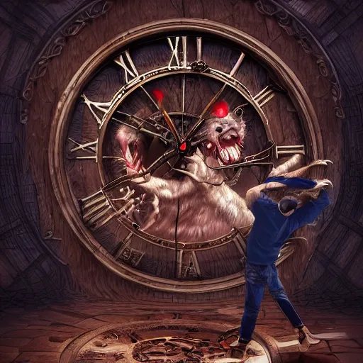 Image similar to a wlop 3 d render of a vampire fighting a werewolf in front of a giant clock face, intricate, extremely detailed, digital painting, artstation, concept art, smooth, sharp focus, illustration, intimidating lighting, incredible art