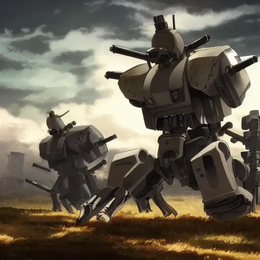 Image similar to a mech with guns on each arm preparing for combat, battlefield, dead trees, fire, smoke, dark clouds, slightly sunny, ominous, intense, epic, extremely detailed, cinematic lighting, studio ghibli, anime,